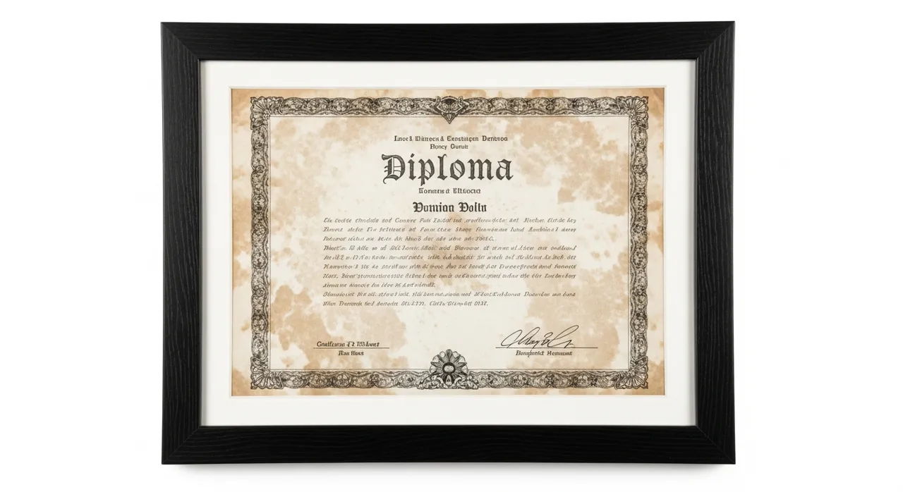 Extremely faded and hard to see diploma in a cheap plastic frame